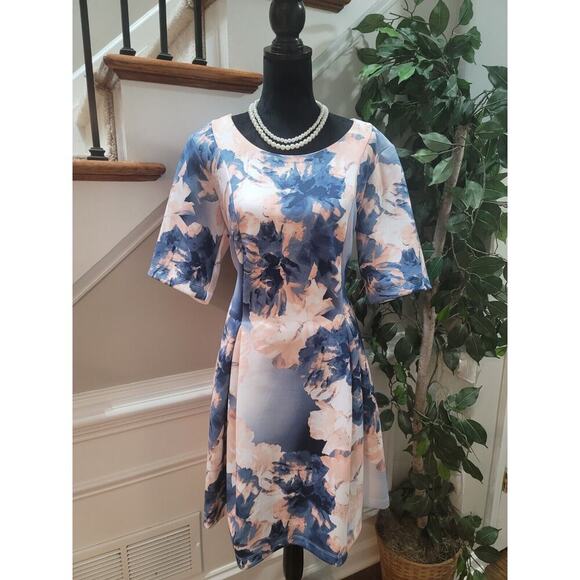 Tiana B Scuba Blue Polyester Round Neck 3/4 Sleeve Casual Knee Length Dress 6 - Picture 1 of 13